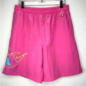 Champion Pink Lightweight Crinkle Nylon Lined Shorts Color Pop Logo L